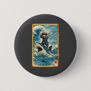 Samurai-Katze reitet auf Hai Retro-Welle Krieger L Button