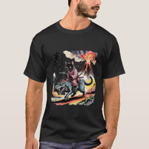 Samurai-Katze reitet auf T-Rex Vulkan Japan Vintag T-Shirt