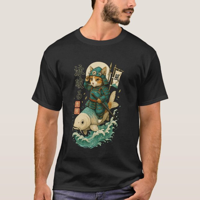 Samurai-Katze reitet Koi-Fisch Fantasy-Kunst T-Shirt (Vorderseite)