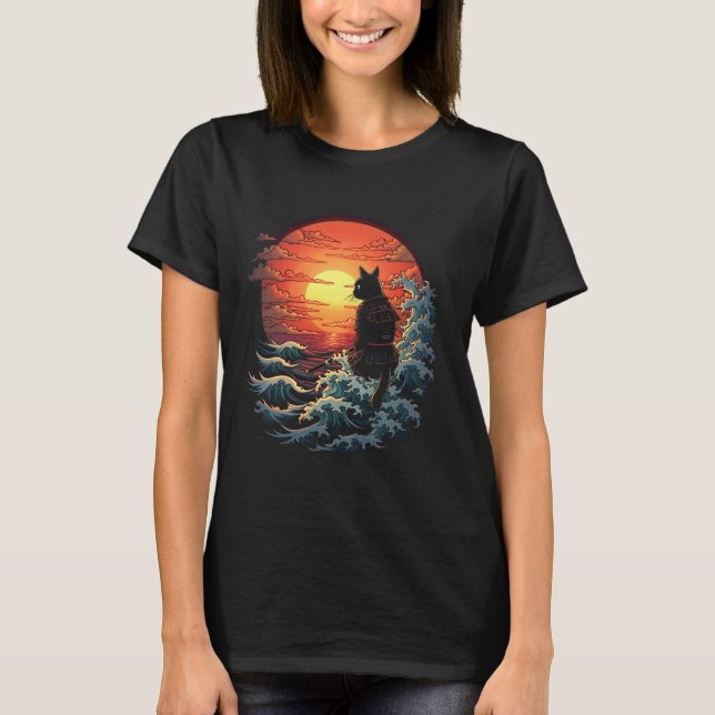 Samurai-Katze Sonnenuntergang T-Shirt (Vorderseite)