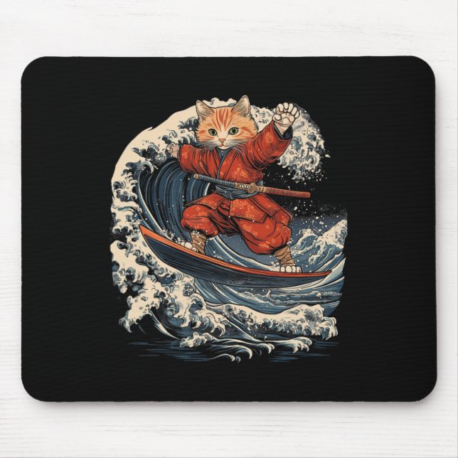 Samurai-Katze surft auf der großen Welle Ronin Kat Mousepad (Vorne)