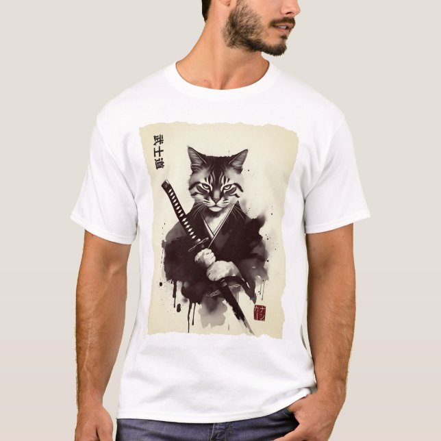 Samurai-Katze, wilde japanische Kunst  T-Shirt (Vorderseite)