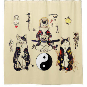 SAMURAI-KATZEN IN SKULL,SKELETON,BUTTERFLY-TATTOOS DUSCHVORHANG