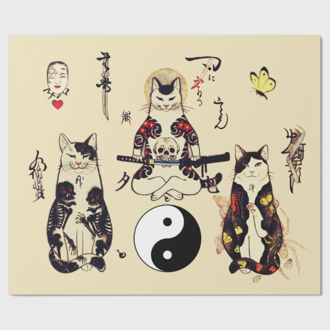 SAMURAI-KATZEN IN SKULL,SKELETON,BUTTERFLY-TATTOOS GESCHENKPAPIER (Flach)