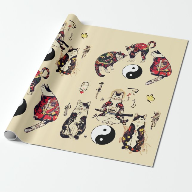 SAMURAI-KATZEN IN SKULL,SKELETON,BUTTERFLY-TATTOOS GESCHENKPAPIER (Ungerollt)