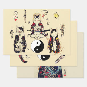 SAMURAI-KATZEN IN SKULL,SKELETON,BUTTERFLY-TATTOOS GESCHENKPAPIER SET