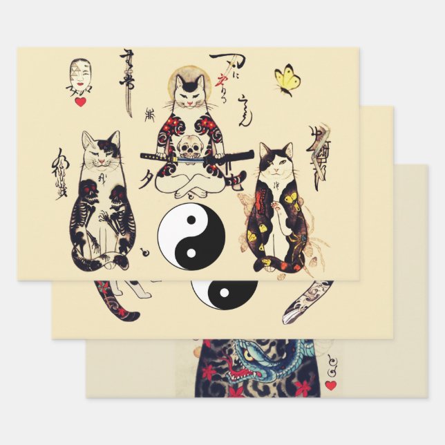 SAMURAI-KATZEN IN SKULL,SKELETON,BUTTERFLY-TATTOOS GESCHENKPAPIER SET (Set)