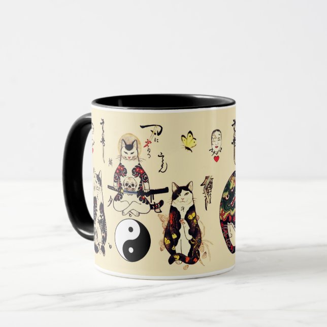 SAMURAI-KATZEN IN SKULL,SKELETON,BUTTERFLY-TATTOOS TASSE (Vorderseite Links)