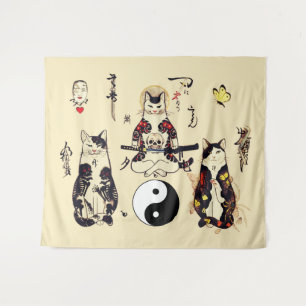 SAMURAI-KATZEN IN SKULL,SKELETON,BUTTERFLY-TATTOOS WANDTEPPICH