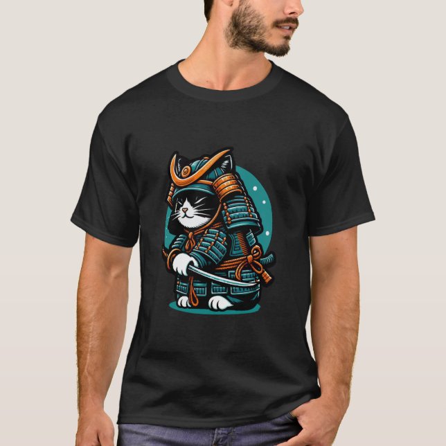 Samurai-Katzenkrieger in Rüstung mit Schwert T-Shirt (Vorderseite)