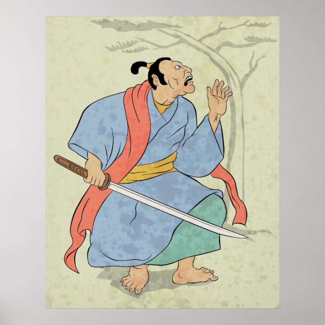 Samurai-Krieger mit Schwert-Holzblock-Druck Poster (Vorne)
