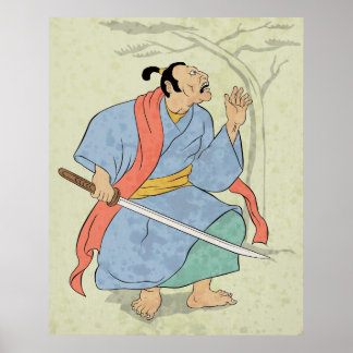Samurai-Krieger mit Schwert Holzschnittdruck Poster