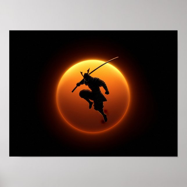 Samurai-Krieger-Silhouette gegen orangefarbene Son Poster (Vorne)
