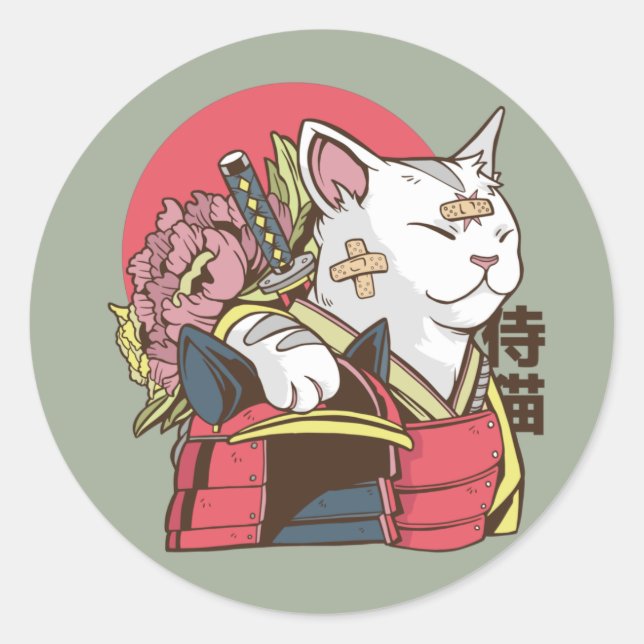 Samurai-Kriegerkatze Runder Aufkleber (Vorderseite)