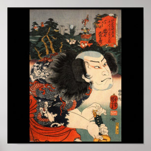 Samurai mit einem Drachen Tattoo und Schwert c. 18 Poster