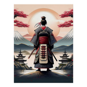 Samurai mit Pagodas und Sunrise Poster