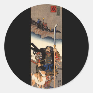 Samurai mit seinem Hund, ca. 1800er Runder Aufkleber
