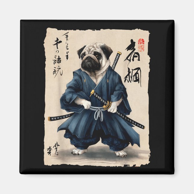 Samurai Mops Japanisches Anime-Hund Mops-Liebhaber Magnet (Vorne)