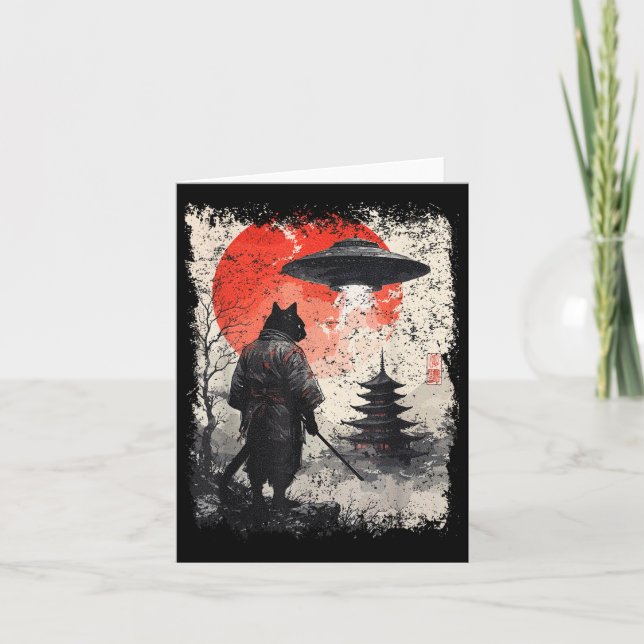 Samurai Ninja Cat Warrior Sumi-e Ufo Ukiyo-e Sci F Karte (Vorderseite)