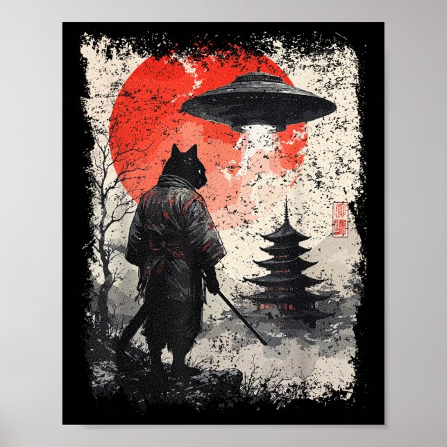 Samurai Ninja Cat Warrior Sumi-e Ufo Ukiyo-e Sci F Poster (Vorne)