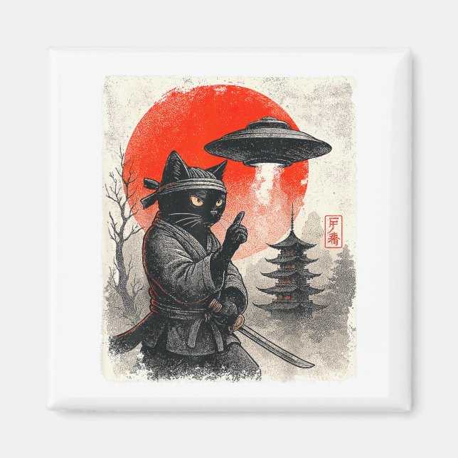 Samurai Ninja Katze Krieger UFO japanischer Anime  Magnet (Vorne)