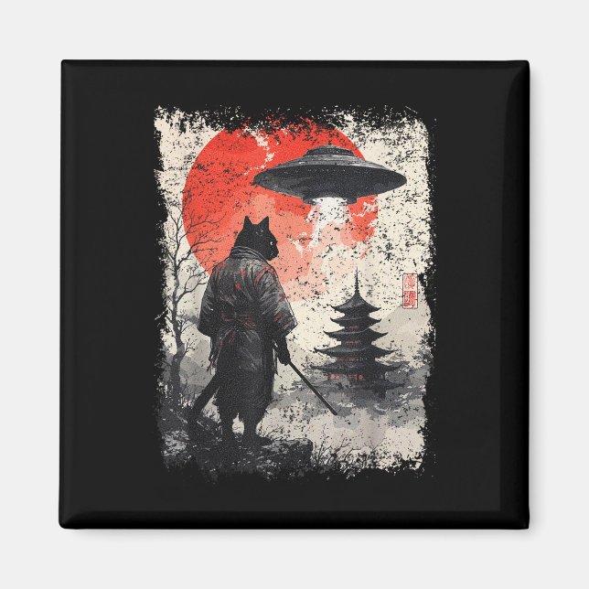Samurai-Ninja-Katzenkrieger Sumi-e Ufo Ukiyo-e Sci Magnet (Vorne)