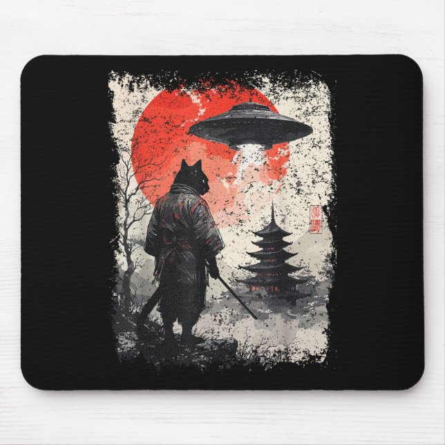 Samurai-Ninja-Katzenkrieger Sumi-e Ufo Ukiyo-e Sci Mousepad (Vorne)