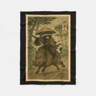 Samurai Raccoon Ronin Riding Boar Japanese Forest  Fleecedecke