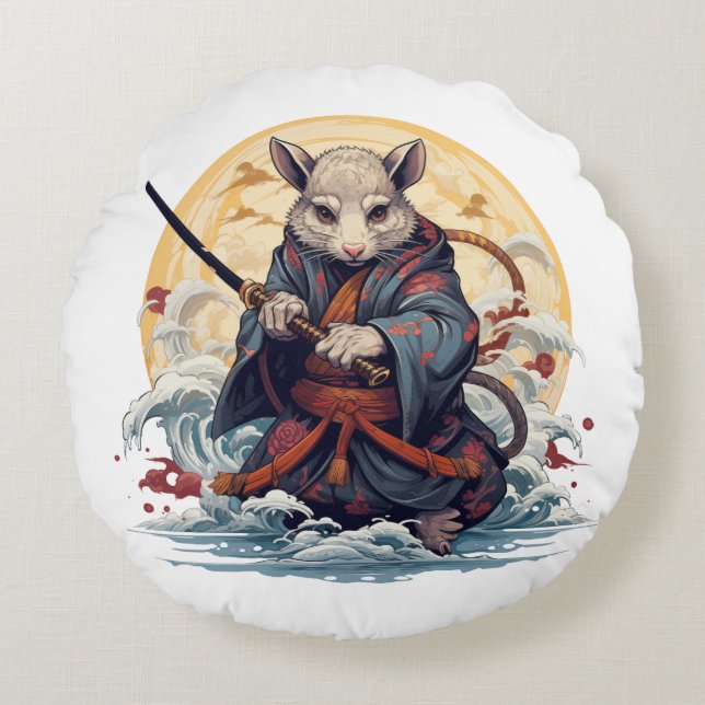 Samurai Rat Throw Pillows Rundes Kissen (Vorderseite)