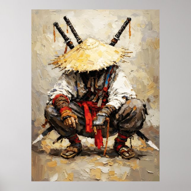 Samurai Resting Palette Knife Orange Impasto Poster (Vorne)