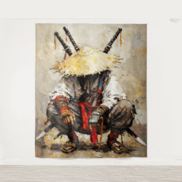 Samurai Resting Palette Knife Orange Impasto Wandteppich
