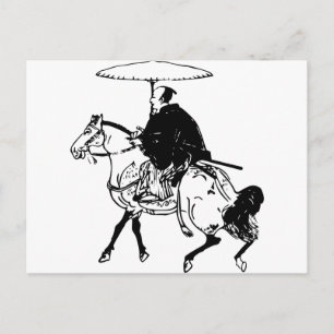 Samurai Riding a Horse with Umbrella, Black Line Postkarte