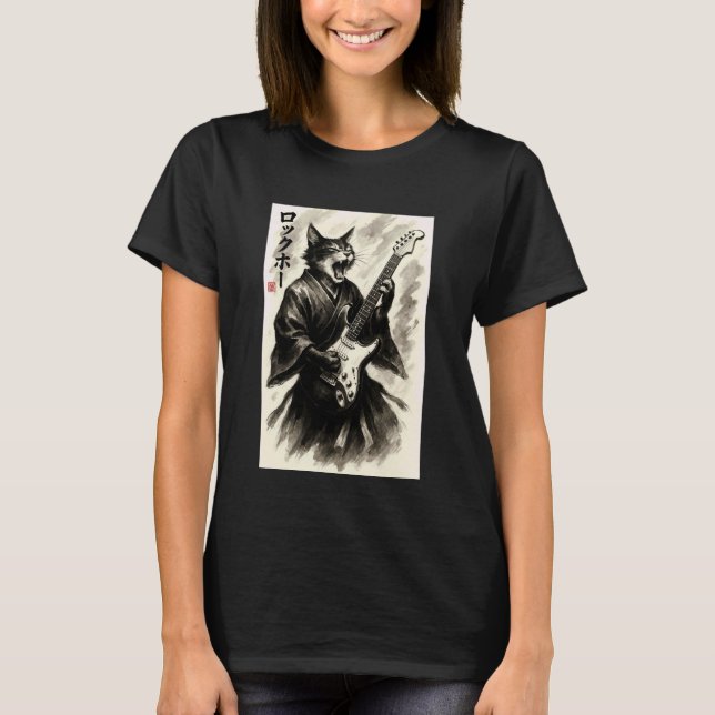 Samurai Rock Katze Japanische Tinte Gitarre Tee (Vorderseite)