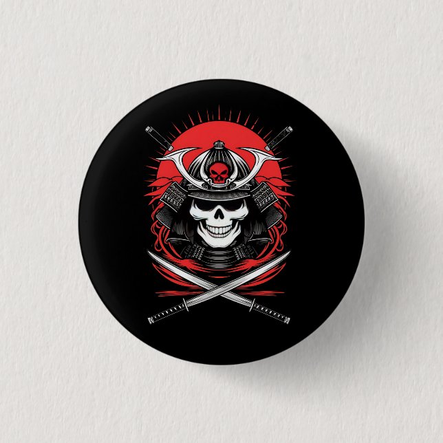 Samurai-Schädel aufsteigende Sonne Krieger Kunst Button (Vorderseite)