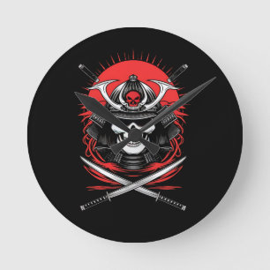 Samurai-Schädel aufsteigende Sonne Krieger Kunst Runde Wanduhr