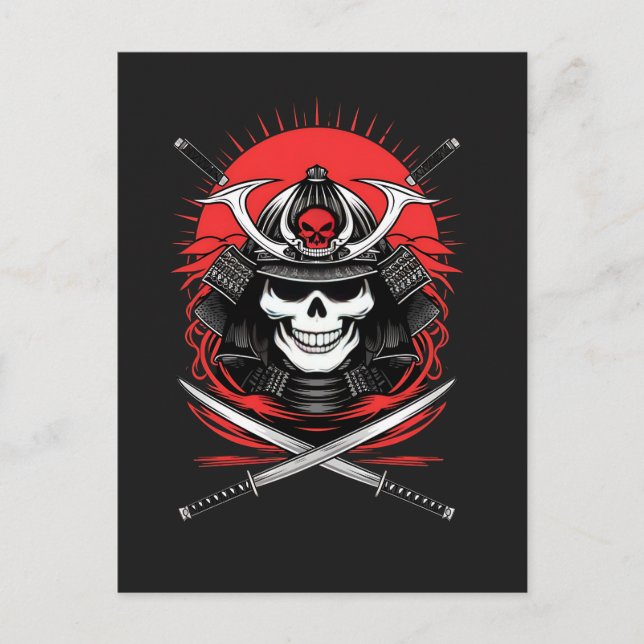 Samurai-Schädel Rising Sun Krieger Kunst Postkarte (Vorderseite)
