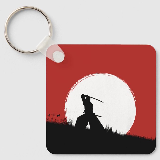 Samurai-Silhouette Sonnenrot Schlüsselanhänger (Vorderseite)