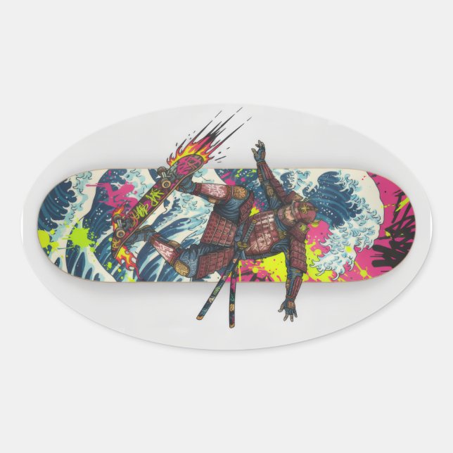Samurai Skateboard Art – Japanese Spirit & Street  Ovaler Aufkleber (Vorderseite)