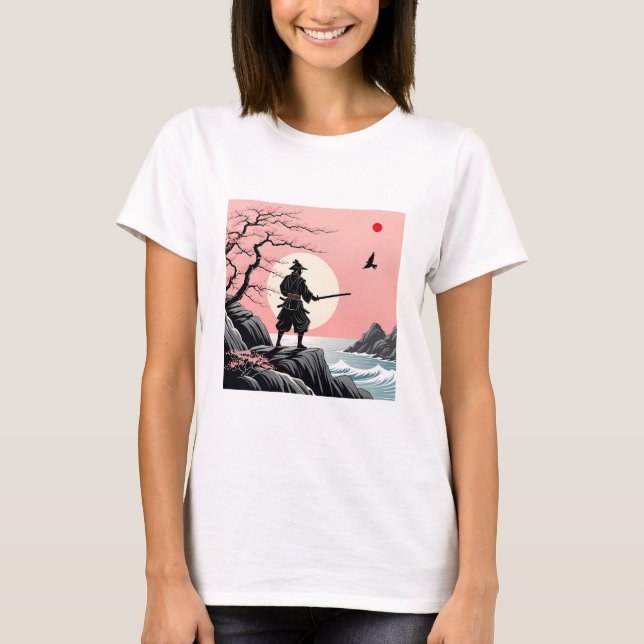 Samurai Sunset Design - Ukiyo-e Cherry Blossom Art T-Shirt (Vorderseite)