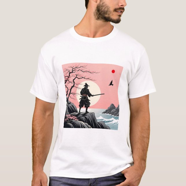 Samurai Sunset Design - Ukiyo-e Cherry Blossom Art T-Shirt (Vorderseite)