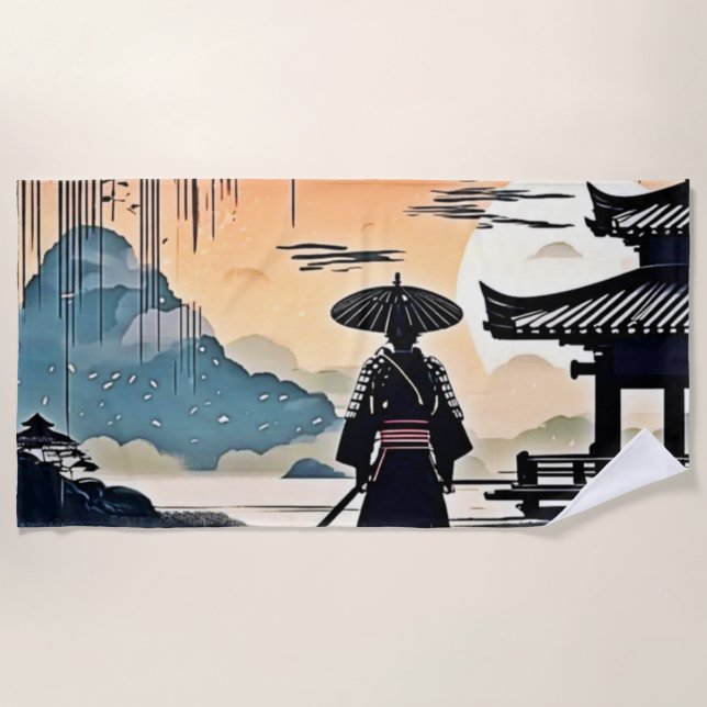 Samurai Sunset: Reflektive Reise Strandtuch (Vorderseite)