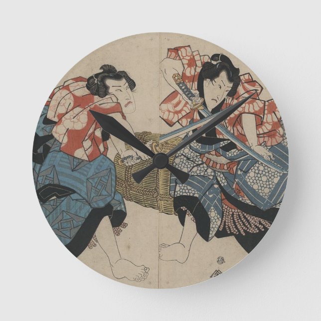 Samurai Sword Fight Circa 1825 Runde Wanduhr (Vorderseite)