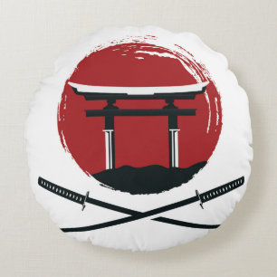 Samurai sword icon with Torii gate cartoon vintage Rundes Kissen
