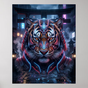 Samurai Tiger Neon Tempel Poster