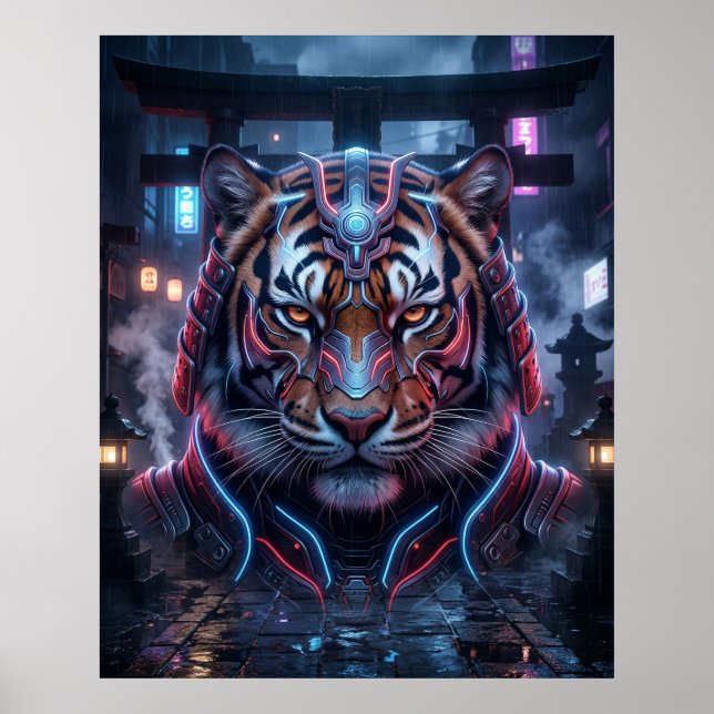 Samurai Tiger Neon Tempel Poster (Vorne)