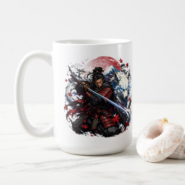 Samurai und White Wolf Tasse | Japanischer Krieger (Mit Donut)