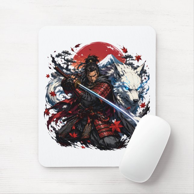 Samurai und White Wolf Tasse | Japanischer Krieger Mousepad (Mit Mouse)