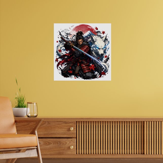Samurai und White Wolf Tasse | Japanischer Krieger Poster (Wohnzimmer 2)