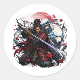 Samurai und White Wolf Tasse | Japanischer Krieger Runder Aufkleber