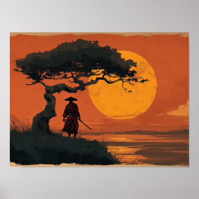 Samurai Under Sunset Tree in Traditional Japanese  Poster (Vorne)
